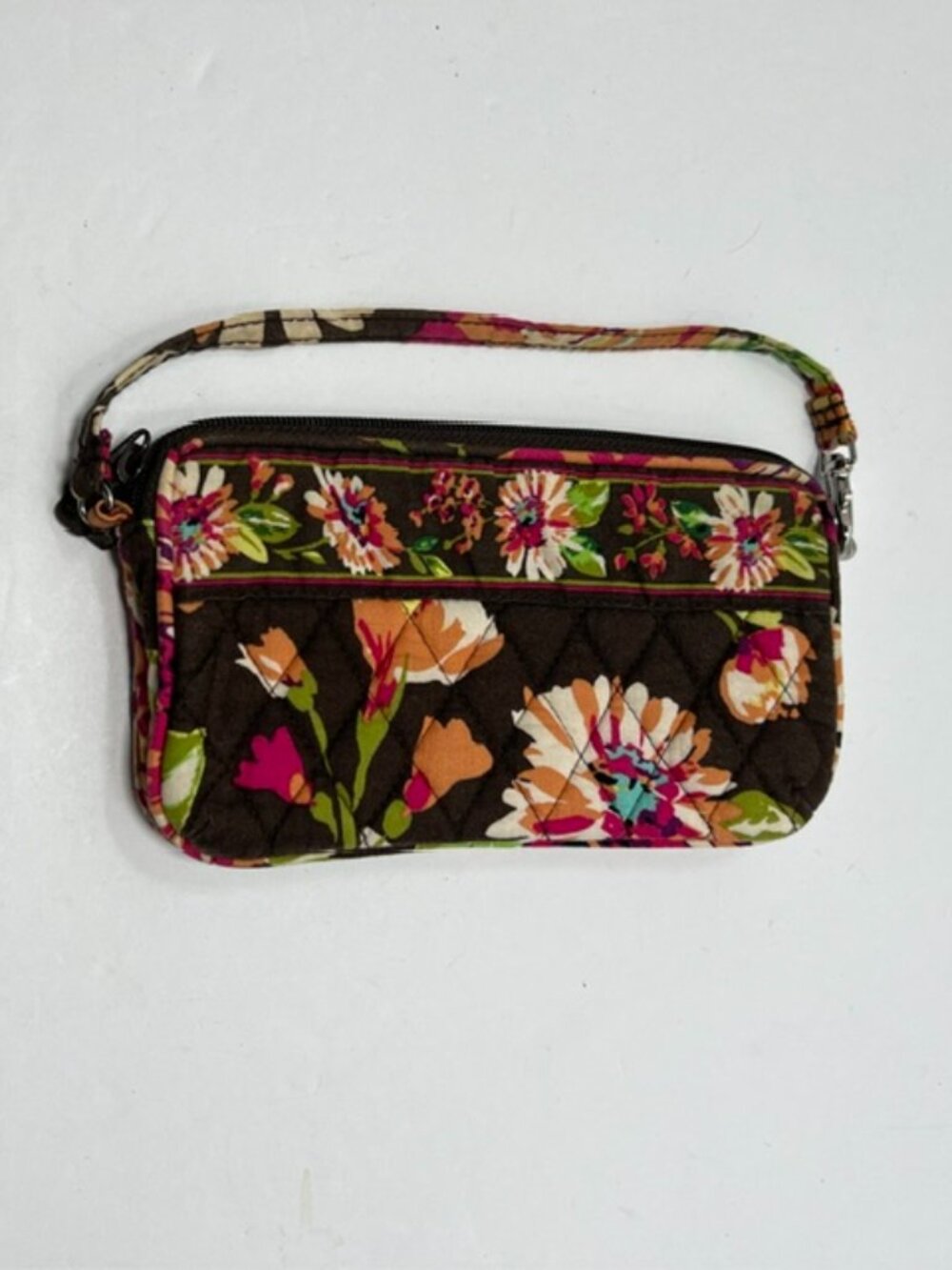 Vera Bradley Brown Floral Top Zip Wristlet EUC